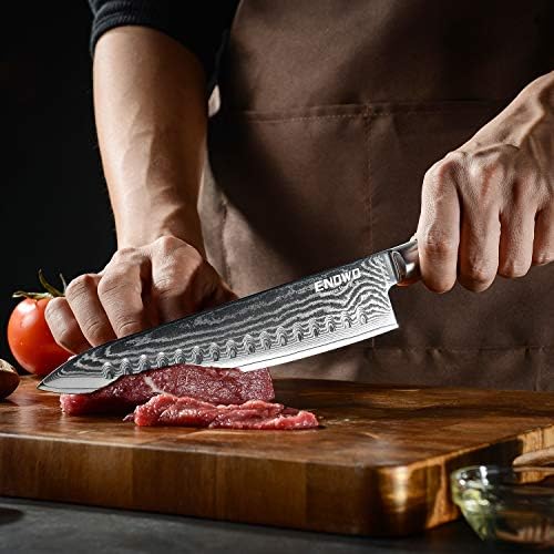 еново Дамаск Готвач нож 8 lnch, премиум 4-фаза кујна острилка со обвивка дупчиња кујна суши нож, designedономски дизајниран за совршена