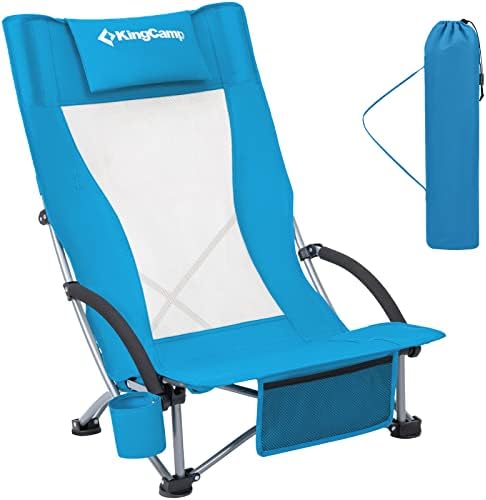 Kingcamp ниско прашка столици на плажа, преклопување на задниот стол што се повлекува за возрасни со потпирач за глава, држач