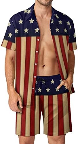 Weedkeycat American Glory Flag Man's Man's Beach Outfits 2 Piece Хавајско копче надолу со кошула Краток ракав и шорцеви