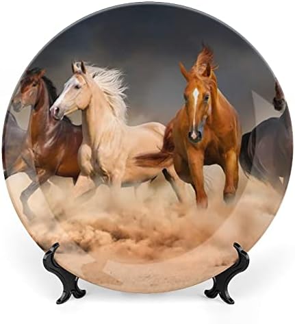 Вклучување на коњи Персонализирана коска Кина Прилагодени керамички декоративни плочи Домашна тркалезна плоча со држач за приказ 7инч
