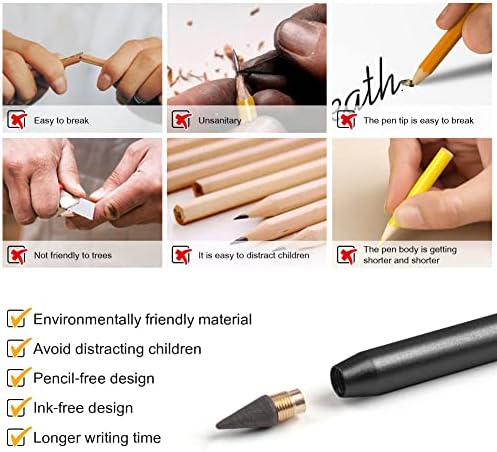 Auauy 2pcs Метал без мастило, моливче за бесконечност, еднократно вечно моливче, заменливо моливче за грип со 2 заменливи грицки за пишување