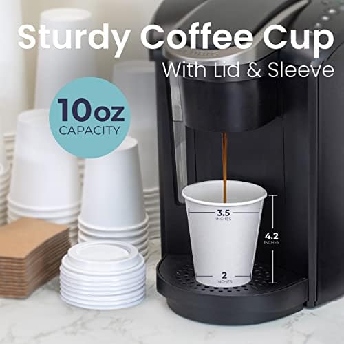 [100 пакувања] Чаши за бели кафе со капаци на куполи и кафеави ракави - 10oz чаши за кафе за еднократна употреба - да одат чаши за топло чоколадо,
