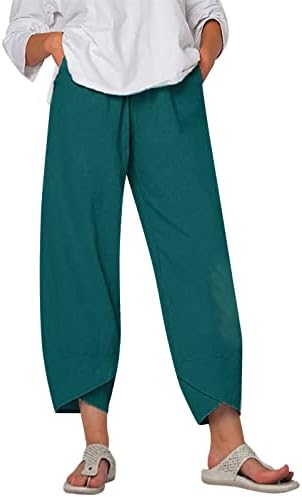 Etkia исечени широки панталони за нозе за жени палацо еластично половината летово памучна постелнина со џебови жени хеланки