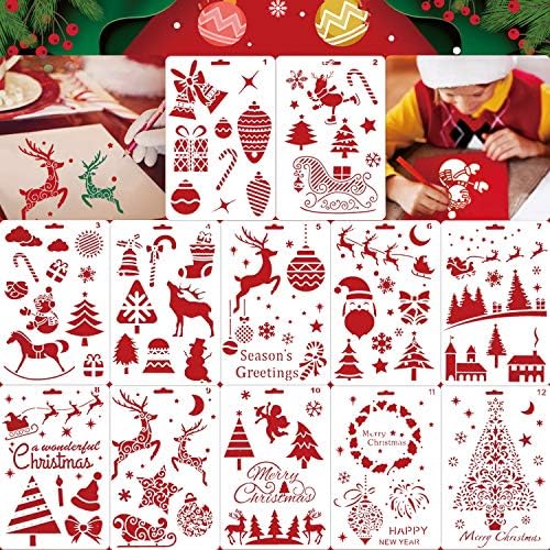 Шаблони за божиќни матрици од 12 пакети, шаблони за сликање за божиќни цртања, шаблон за сликање, Божиќни матрици за честитки, албуми, бележник, тетратка, весник, wallид