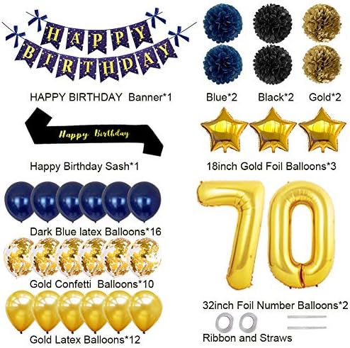 YujiaOnly 70-ти роденденски украси за роденден-среќен роденденски банер злато број 70-ти балони Среќен роденден Саш латекс и балони на конфети совршени за 70-годишна забав
