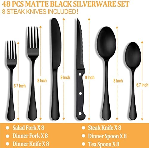 48 парчиња мат црни сребрени приборни соединенија со стек ножеви, не'рѓосувачки челик прибор за прибор за прибор за прибор за прибор