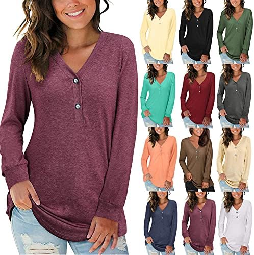 Godedsvan женски врвови на врвовите на плетените копчиња лабава лабава кошули со долги ракави чиста боја v вратите кошули удобни случајни блузи џемпери