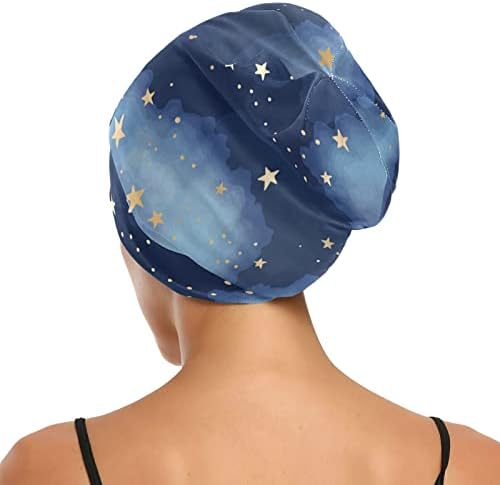 Womenените Beanie Hat Skull Worket Cap, темно сини starsвезди облаци Еластична модерна глава за ноќни капаци за спиење