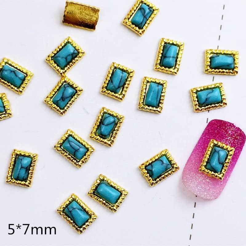 20 парчиња/пакувања метални нокти АРТ правоаголник капка овална лист со тиркизни камења 3Д накит гел нокти налепници за украсување