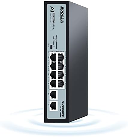 Sodola 8 Port Gigabit PO Switch со 2 Gigabit Uplink, 802.3AF/AT во согласност, вградена моќност од 120W, AI Watchdog, Gigabit Ethernet Не управуван