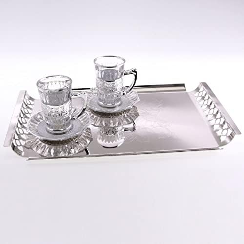 MARO MEGASTORE 14,3 инчи x 9,2 инчи правоаголна хромирана лента за сервирање со рачка со рачка цветна врежана гроздобер класична огледало чинија за одмор на венчавки за венча