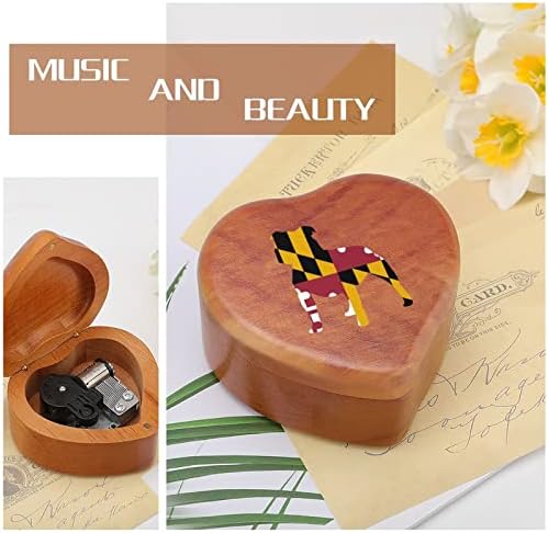 Питбул Мериленд знаме дрвена музичка кутија со форма на срцева форма на музички кутии гроздобер дрвена кутија за подарок