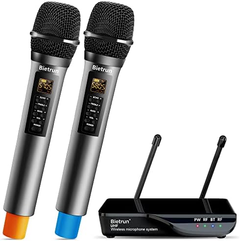 Bietrun Безжичен Микрофон Со Treо, Високи Тонови, бас &засилувач; Bluetooth, 160 СТАПКИ Опсег, UHF Преносни Двојна Рачни Караоке Динамичен