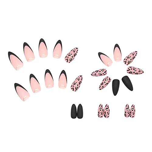 Притиснете на ноктите француски медиум притиснете на ноктите црн леопард печати лажни нокти среден бадем матирани акрилни нокти жени девојки 24 Парчиња