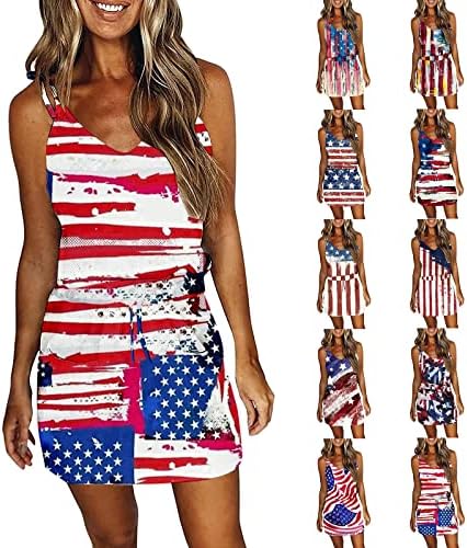 Hosенски женски женски 4 -ти јули Патриотски знаме фустан летни starsвезди ленти со џебови со џебови на американско знаме кратки мини фустани