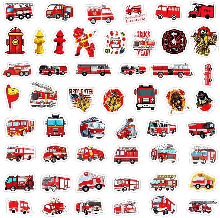 Детски налепници за противпожарни камиони 50 парчиња противпожарен камион водоотпорен винил декорации за лаптоп патување со вода шише Телефоне