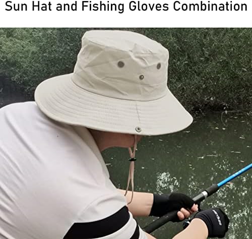 Шапка за риболов со сонце со ракавици без прсти, летна УВ заштита на плажа за плажа за мажи/жени, широко капаче за корпа за пешачење