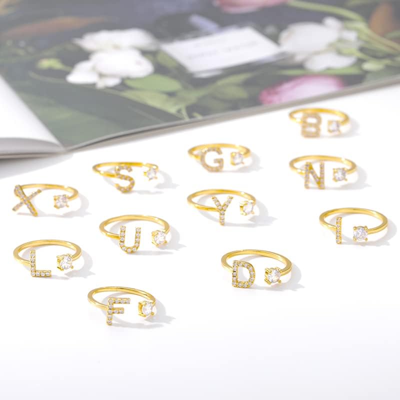 T3STORE Nitial A -Z 26 буква прстен за жени со двојка ангажман Свадба накит ШАРМ РИНГ Прилагодлив циркон прстен - Златна боја - Расположен -37242