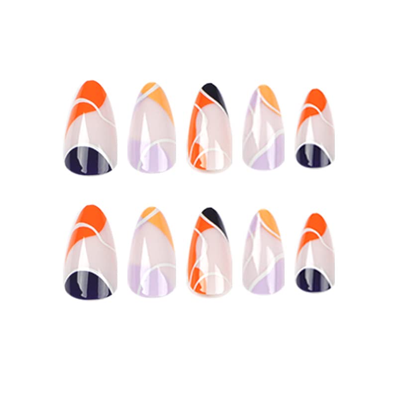 24 парчиња форма на бадем, притиснете на ноктите, средна должина со уникатни шарени француски дизајни SWRIL, лажни лажни нокти со лепак, уметност