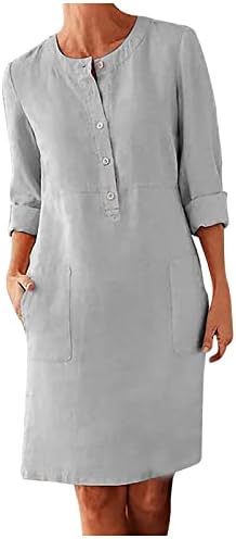 Женски памучен постелнина фустан со долга ракав за ракав со должина на кошулата со џебови со џебови