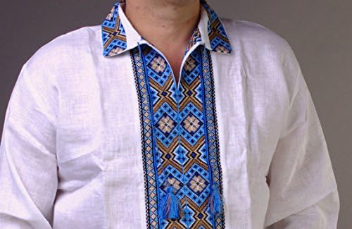 Машка украинска вез на Вишиванка Рачно изработена бела сина поло маица постелнина м