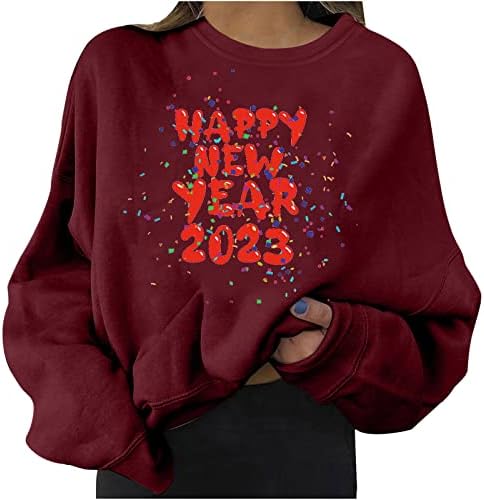 Среќни новогодишни украси печатени врвови за жени Симпатична маичка со преголема долга ракав пулвер маичка кошула