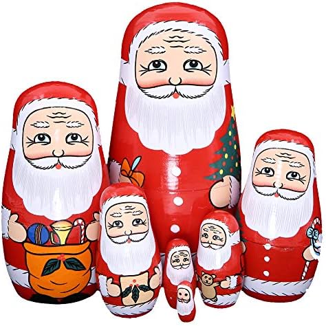 Апол сет од 7 симпатични Дедо Мраз носат подароци шема за гнездење кукли рачно изработени дрвени матриошки занаети Руска кукла за деца