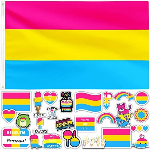 Panseal Pansexual Pansexual Flag and налепници - Вклучува 1 3x5 ft Pansexual Pride Flag и 25 уникатни дизајни на налепници