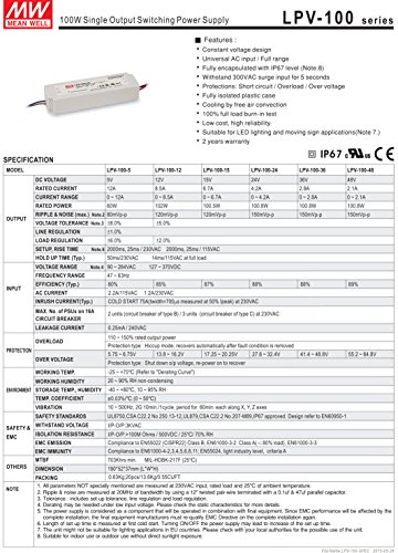 Средно добро оригинално LPV-100-36 36V 2.8A Meanwell LPV-100 36V 100.8W единечен излезен LED Префрлување на електрична енергија
