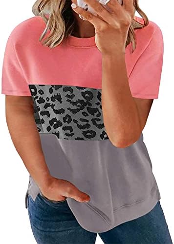 Женска памучна маица со кратки ракави екипаж вратот на вратот графички леопард печати плус маичка со блуза за дами i1