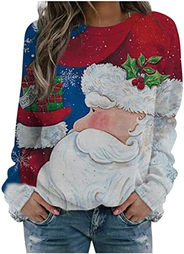 Женски Божиќни Дуксери Смешни Печатени Маици Пуловер Со Долги Ракави Секојдневни Врвови На Екипажот Лабава Удобна Божиќна Блуза
