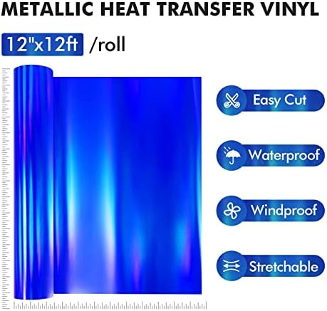 Ahijoy Пренесување на топлина винил металик фолија HTV холографска сина боја 12 x12ft Chrome HTV топлински печат Ironелезо на винил винил