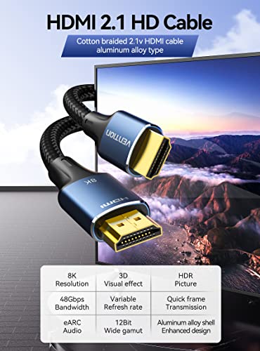 Vention 8K HDMI кабел 2.1 5ft 48Gbps, ултра висока брзина плетенка HDMI кабел 4K@120Hz 8K@60Hz EARC HDR 10 HDCP 2.2 & 2.3 компатибилен