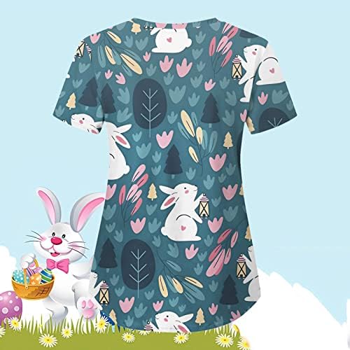 CGGMVCG Велигденски чистачи врвови жени зајаче јајце печатење v вратот кратки ракави кошули лабави велигденски врвови за жени 2023 со џеб