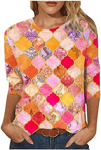 Lcepcyенски моден мода 3/4 ракав Туника врвови околу вратот Шарена печатена маица лабава блуза 2023 пролетно летно облека