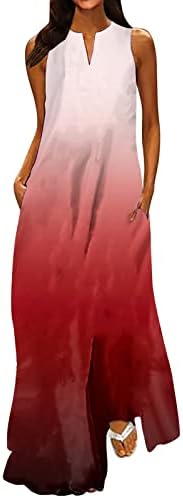 Женски Вграден Фустан Летен Моден Класичен Печатење Во Боја На Вратот Без Ракави Долг Фустан Фустани За Сонце Секојдневен