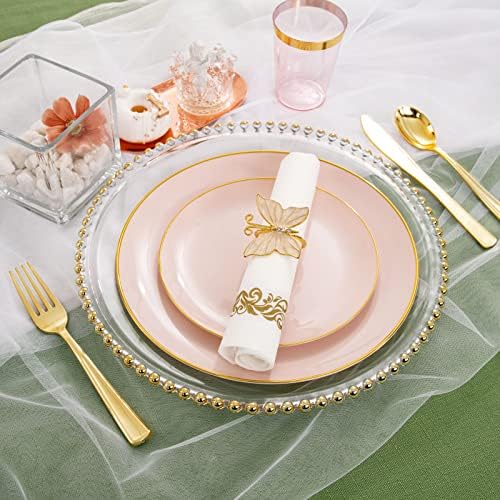 Рубтламп 210 парчиња Пластични Розови Чинии Со Златен Пластичен Сребрен Комплет Вклучуваат 30 розови Чинии За Вечера, 30 Чинии За Десерти,