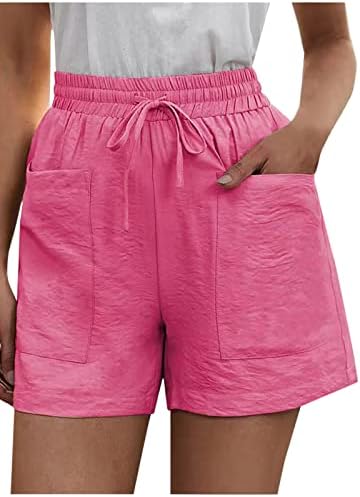 Женски шорцеви летни обични памучни постелнини за леза еластична половината лабава шорцеви причинско -последична плажа Бермуда џебови