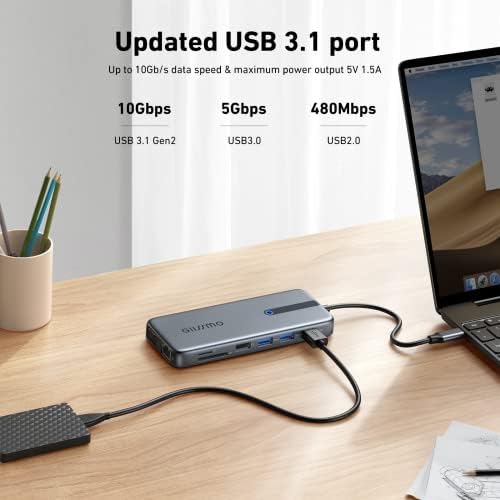 USB C Лаптоп Докинг Станица Двојна Монитор, 13 во 1 ТРОЕН Дисплеј USB C Центар Повеќе Адаптер со 2 HDMI, VGA, RJ45, 10GBPS USB C/A 3.1, 100W PD, USB 3.0/2.0, SD/TF, За Dell/Површина/HP/Леново Лаптопи