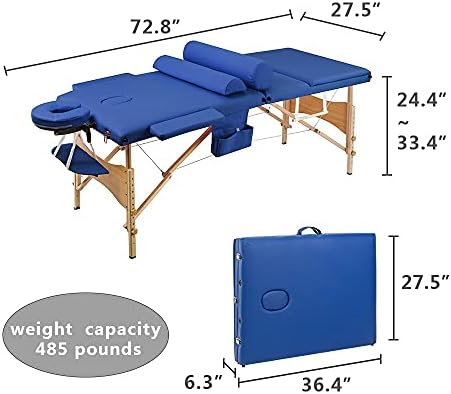 Liruxun 3 делови185 x 70 x 85cm преклопен кревет за убавина преклопување преносна масажа за масажа за убавина сет 70 см широко сино