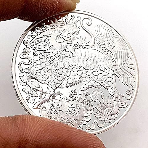 Кинески Поволен Животински Еднорог Змеј Поволна Монета Лав Глава Сребрена Комеморативна Монета Со Заштитен Ракав Монета