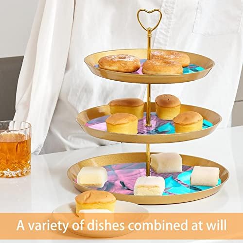 3 нивоа пластична кула кула со табела за сервирање, златна кула кула, тропско сино розови лисја растителни десерт за десерт за торта