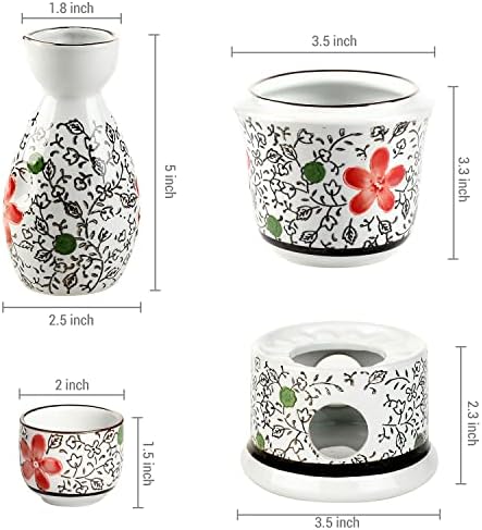 Mygift 7-парчиња керамички ради потопло топло саки сет со црвен цвет дизајн вклучува карафе од шише Токури, чаши Охоко и мал потопол шпорет,