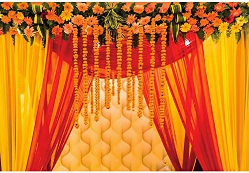 Јонгфото 5х3фт Индиска Традиционална Позадина Среќна Холи Позадина Хинду Индиска Свадба Позадина Цвет Венец Жолт Тул Завеса Годишнина