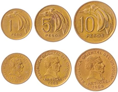 3 Монети Од Уругвај | Уругвај Колекција На Монети 1 5 10 Пезоси | Циркулирано 1968 | Еритрина Криста-Гали | Хозе Гервасио Артигас
