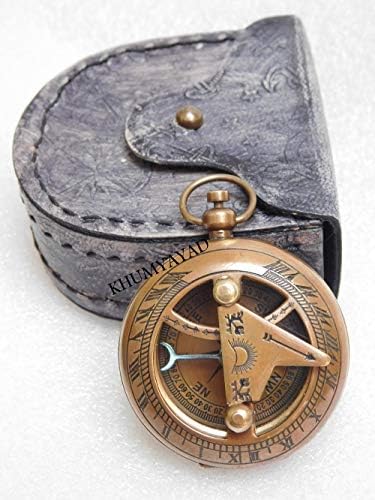Khumyayad Brass Compass Compass Pocket Sundial компас насочен компас со кожен случај