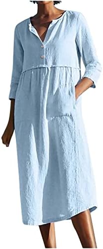 Narhbrg женски постелнина со ленери копче надолу по половина ракав памук миди фустан лабав буги кафтан долг фустан со џебови
