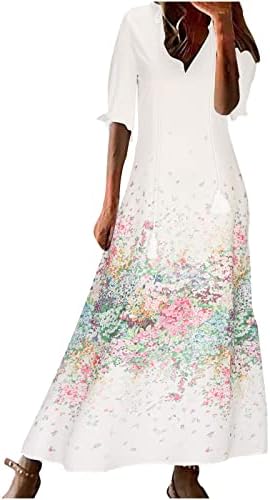 Женски цветен бохо фустан обичен краток ракав v врат руфла долг фустан 2023 лето печатено проток макси фустани