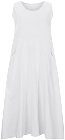 Хоксин женски летен памучен постелнина фустан модни џебови обични резервоари без ракави долги фустани цврста боја лабава фит