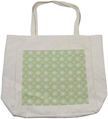 Амбесон-цветна торба за купување, геометриски украсни цвеќиња на симетрична шема на зелена позадина, еко-пријателска торба за еднократно
